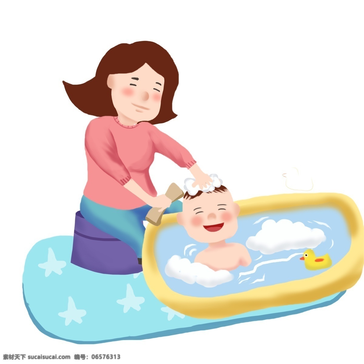 手绘 母婴 洗澡 插画 洗澡的孩子 蓝色的垫子 慈祥的母亲 卡通插画 黄色的澡盆 手绘母婴插画