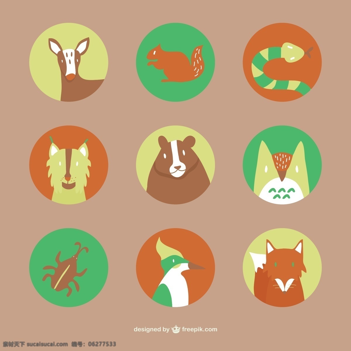 森林 动物 公寓 图标 集 鸟 猫头鹰 平坦 图形 熊 鹿 狐狸 元素 象形 象征 圆形 蛇 平面图标 符号 红色