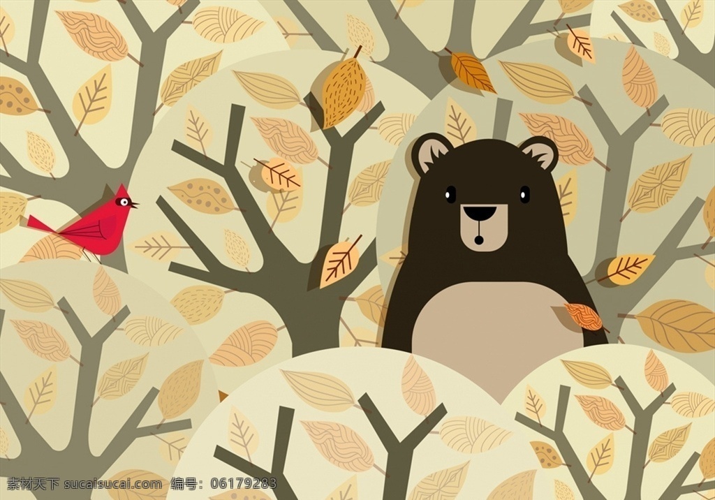 树林 中 黑熊 森林 可爱 树木 北美红雀 矢量 高清图片