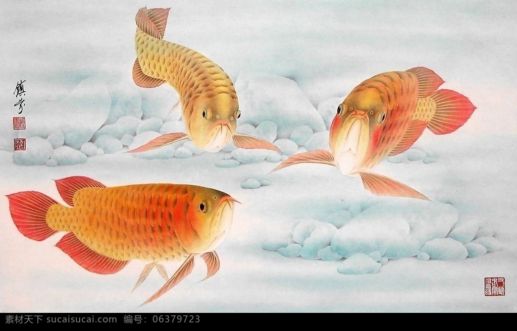 工笔画 金龙鱼 三条鱼 国画 文化艺术 绘画书法 设计图库