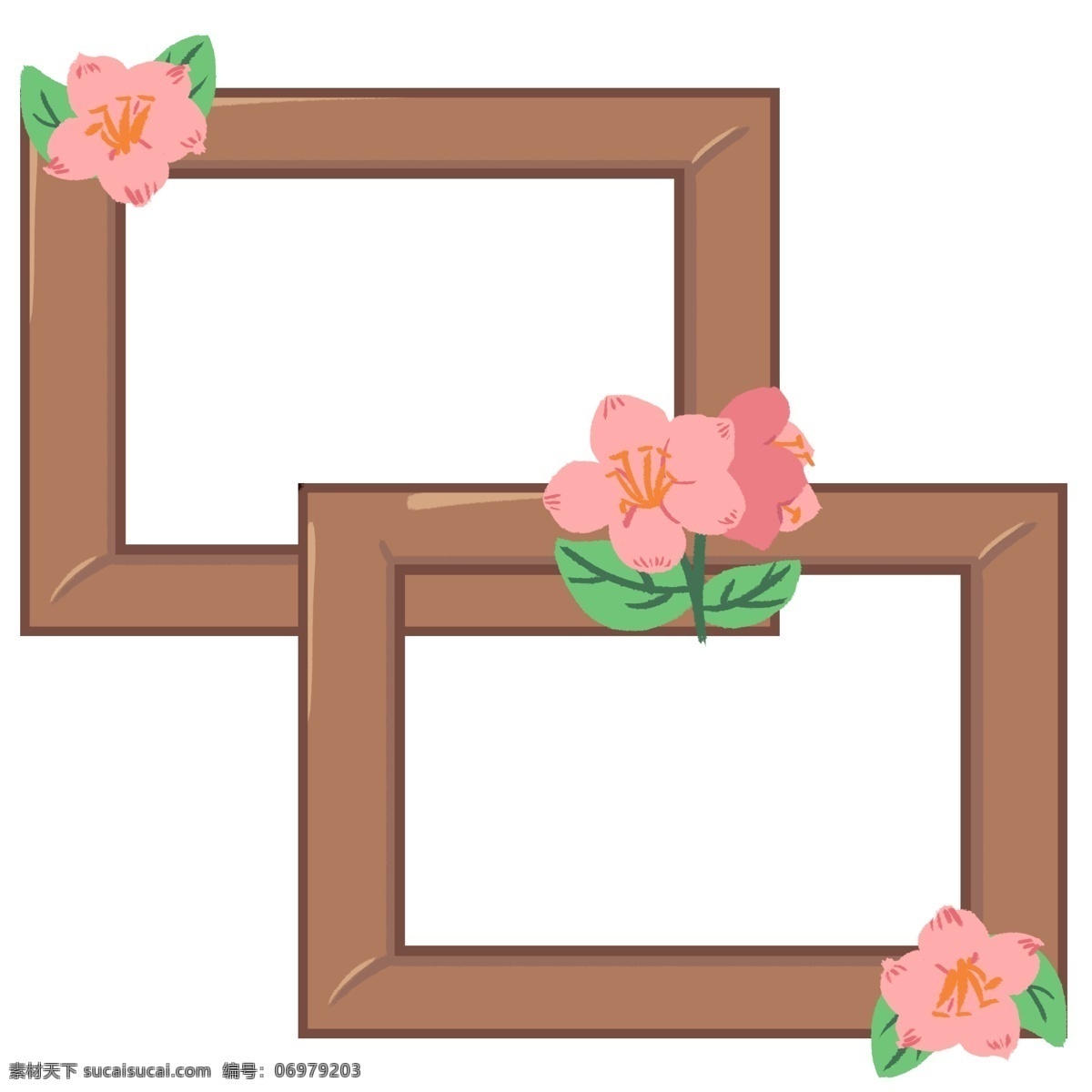 粉色 小花 方形 边框 棕色的边框 粉色的小花 美丽的桃花 绿色的叶子 创意边框装饰 卡通花朵装饰