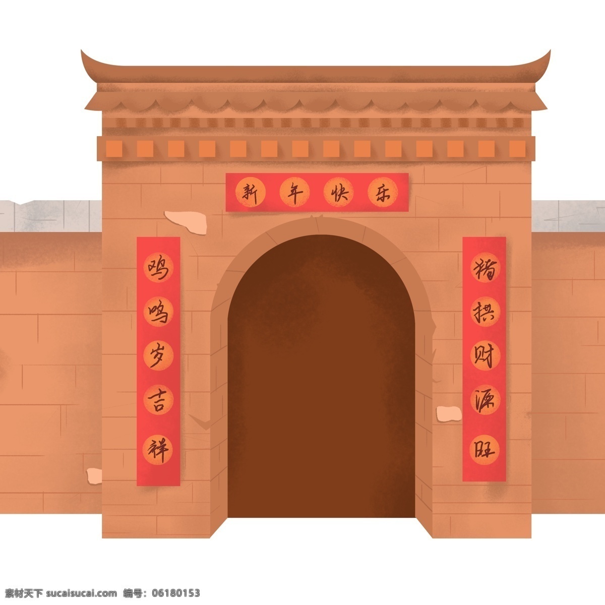 中国 风 新年 贴着 对联 门口 中国风 门 插画 喜庆 春节 手绘 贴对联 墙门 城门 家门口 猪年 猪年大吉