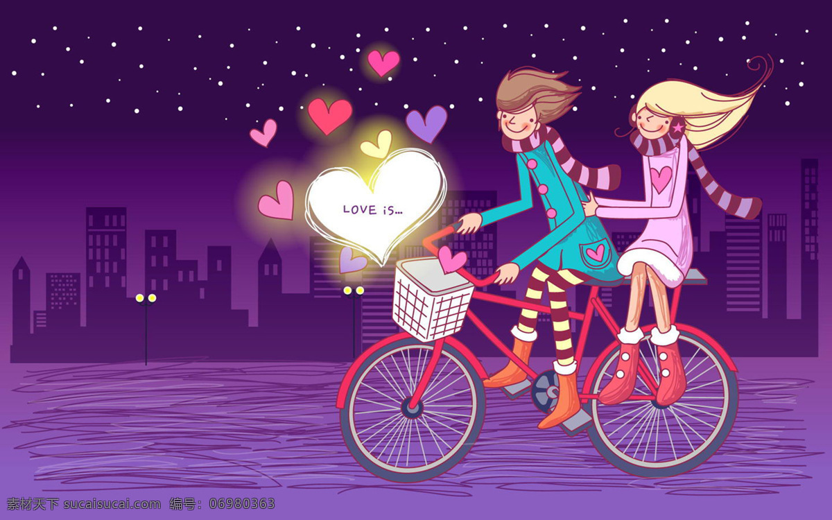 情侣 插画 爱心 浪漫 男孩女孩 男女 骑自行车 心形 夜空 自行车 紫色夜空 插画集