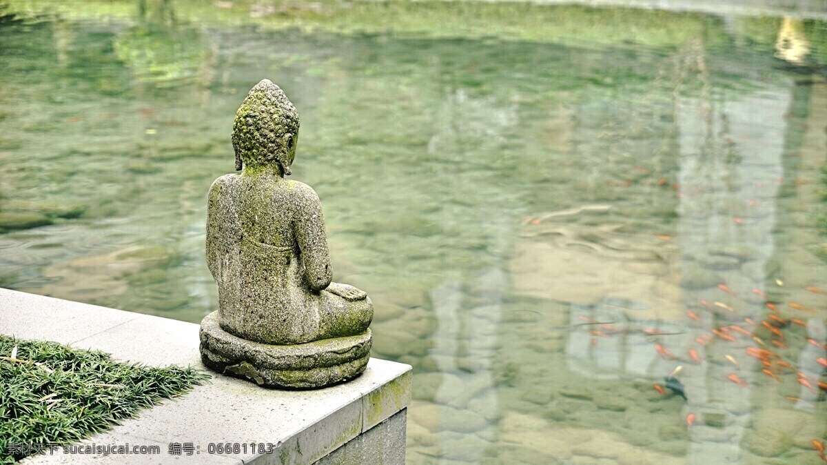 打坐 佛像 水池 背影 水面 宁静 寺院 幽静 文化艺术 宗教信仰