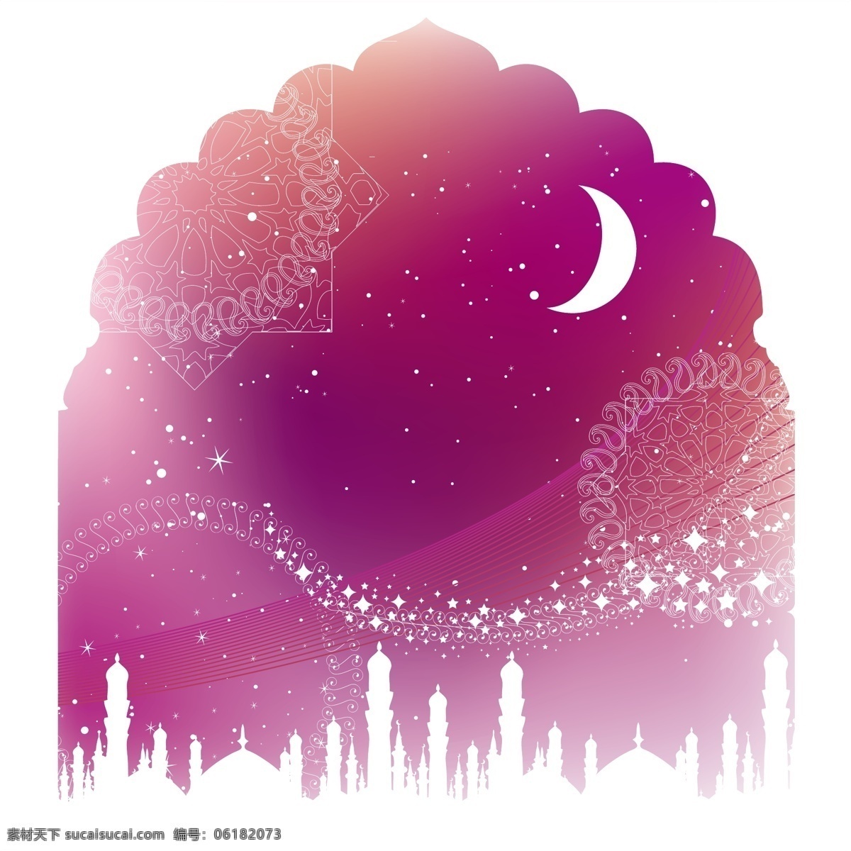 彩色 放射线 风景 湖 花纹 剪影 建筑 欧式 伊斯兰 紫色 月亮 星星 矢量素材 非原创素材 感谢原作者 矢量 psd源文件