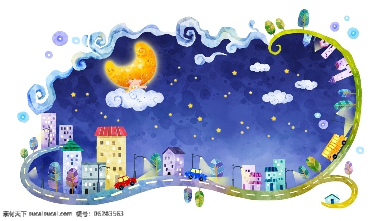 夜晚 月亮 城市 psd素材 白云 插画 建筑 psd源文件