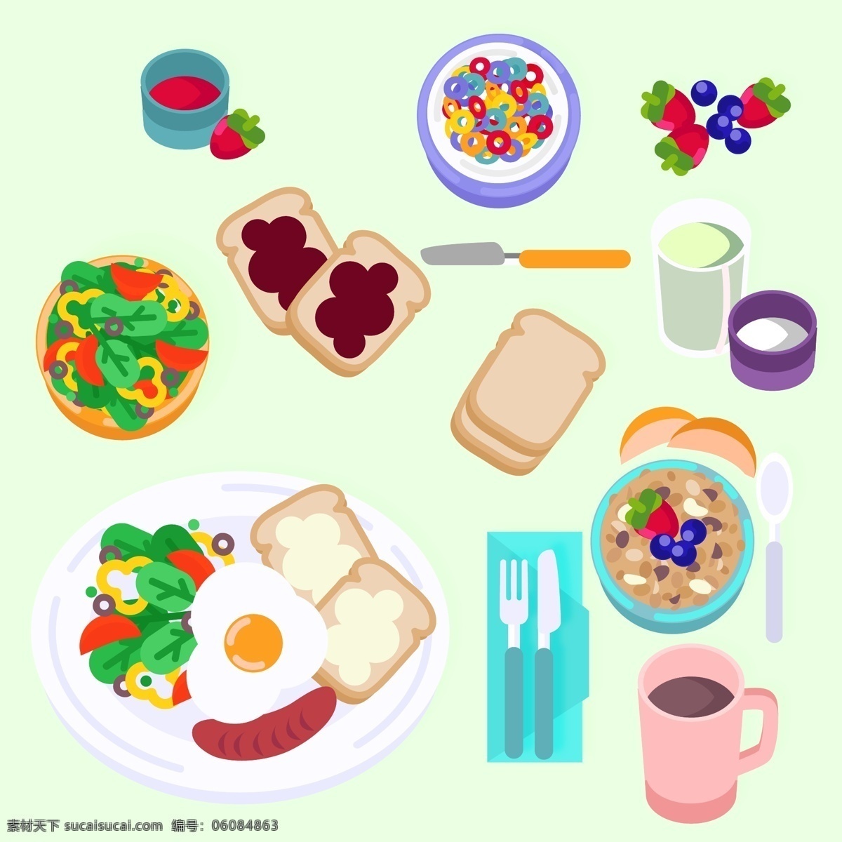 卡通 面包 蔬菜 营养 健康饮食 早餐 健康 饮食 咖啡 鸡蛋 叉子 糖果 饮料 草莓