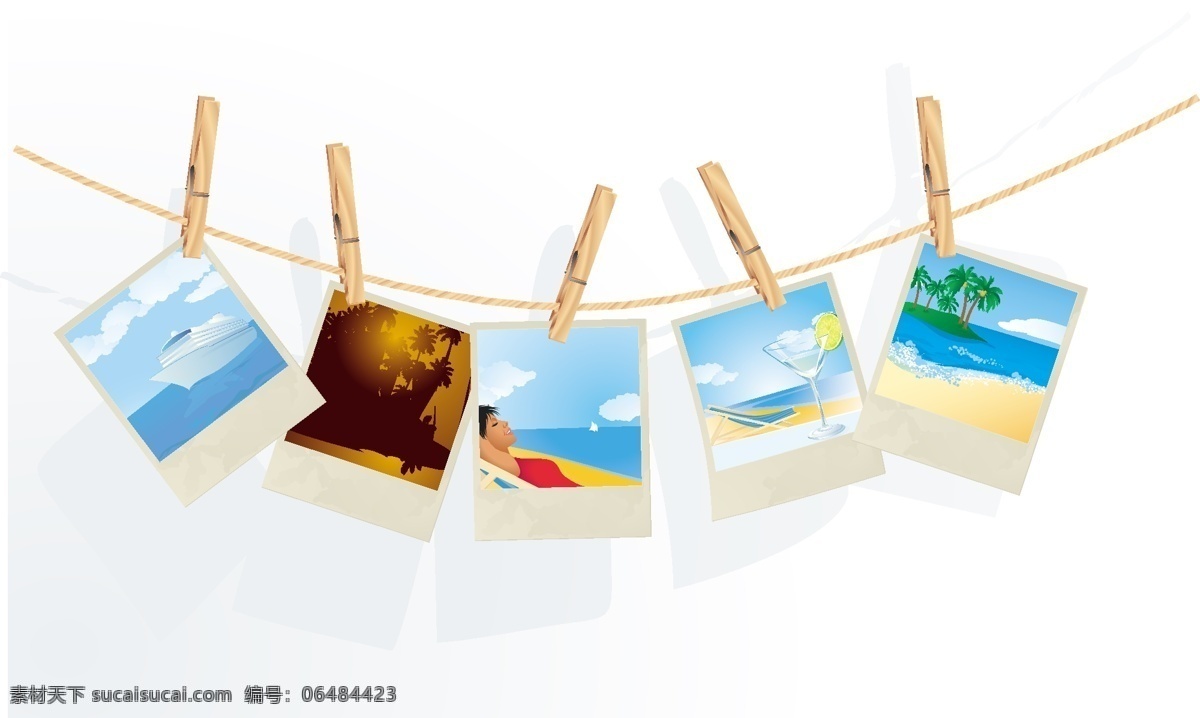 可爱夏日元素 夏日 夏天 木夹子 绳子 照片 相片 悬挂 吊挂 矢量素材 生活百科 矢量