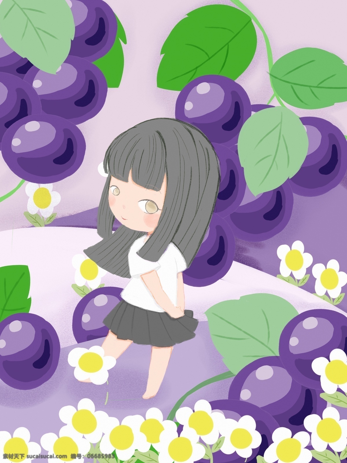 原创 少女 心 水果 插画 葡萄 从中 漫步 女孩 花朵 绿色 创意 梦幻 紫色 山坡 少女心 清新