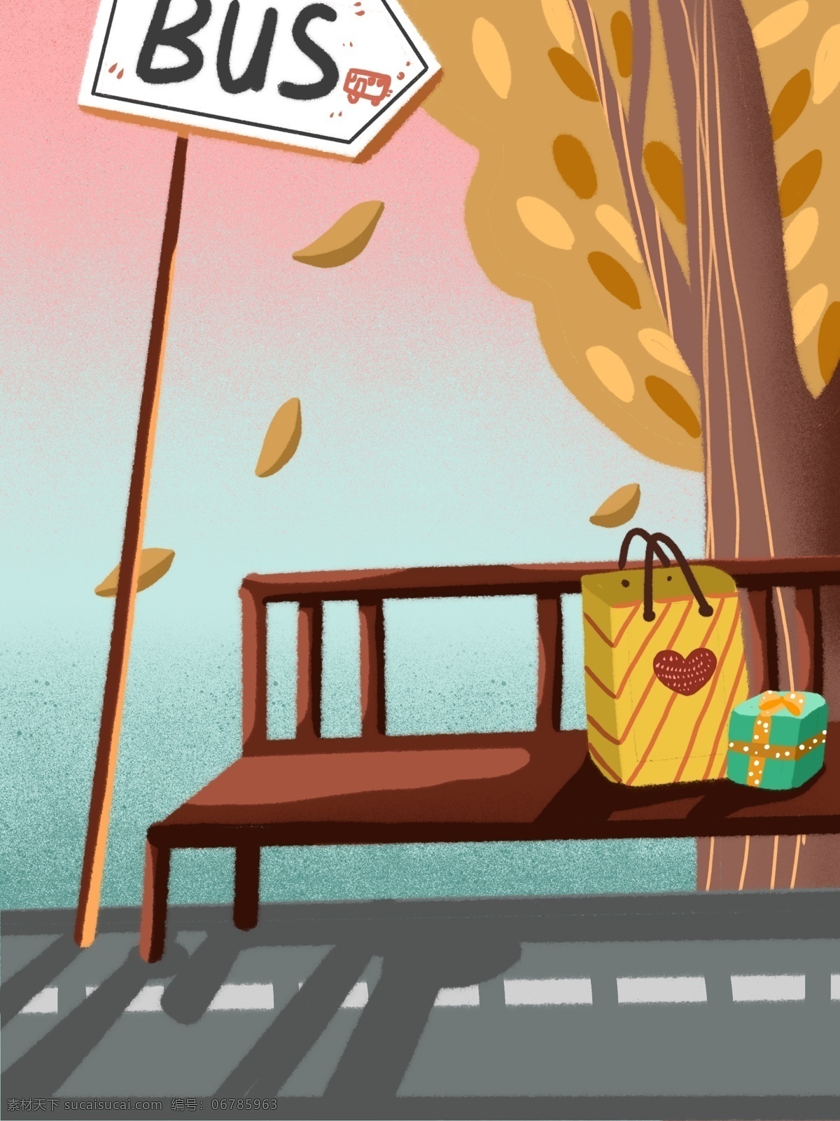 手绘 清新 公交 车站 背景 浪漫 礼物 落叶 情人节 创意 情人节背景 公交站 彩绘背景 特邀背景 促销背景 背景展板图