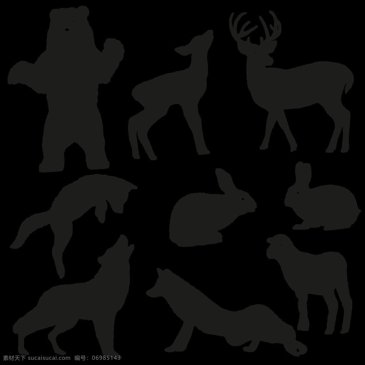野生 森林 动物 透明 黑色 剪影 白兔 黑熊 狐狸 梅花鹿 免扣素材 透明素材 装饰图片