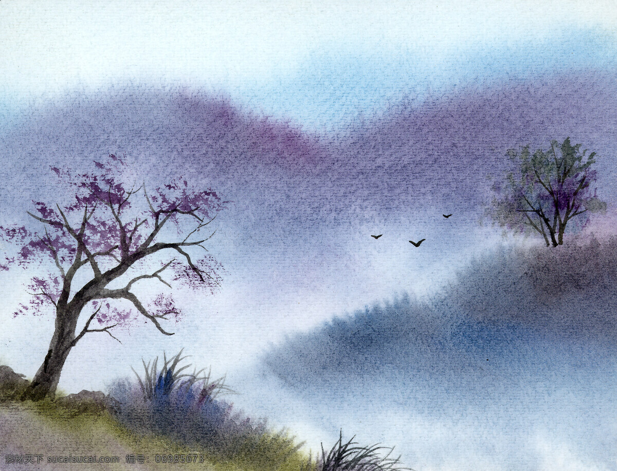 高精度 水彩 意境 图 水彩画 鸟 草地 美术 绘画 树木 河流 天空 房子 石头 文化艺术 绘画书法 设计图库