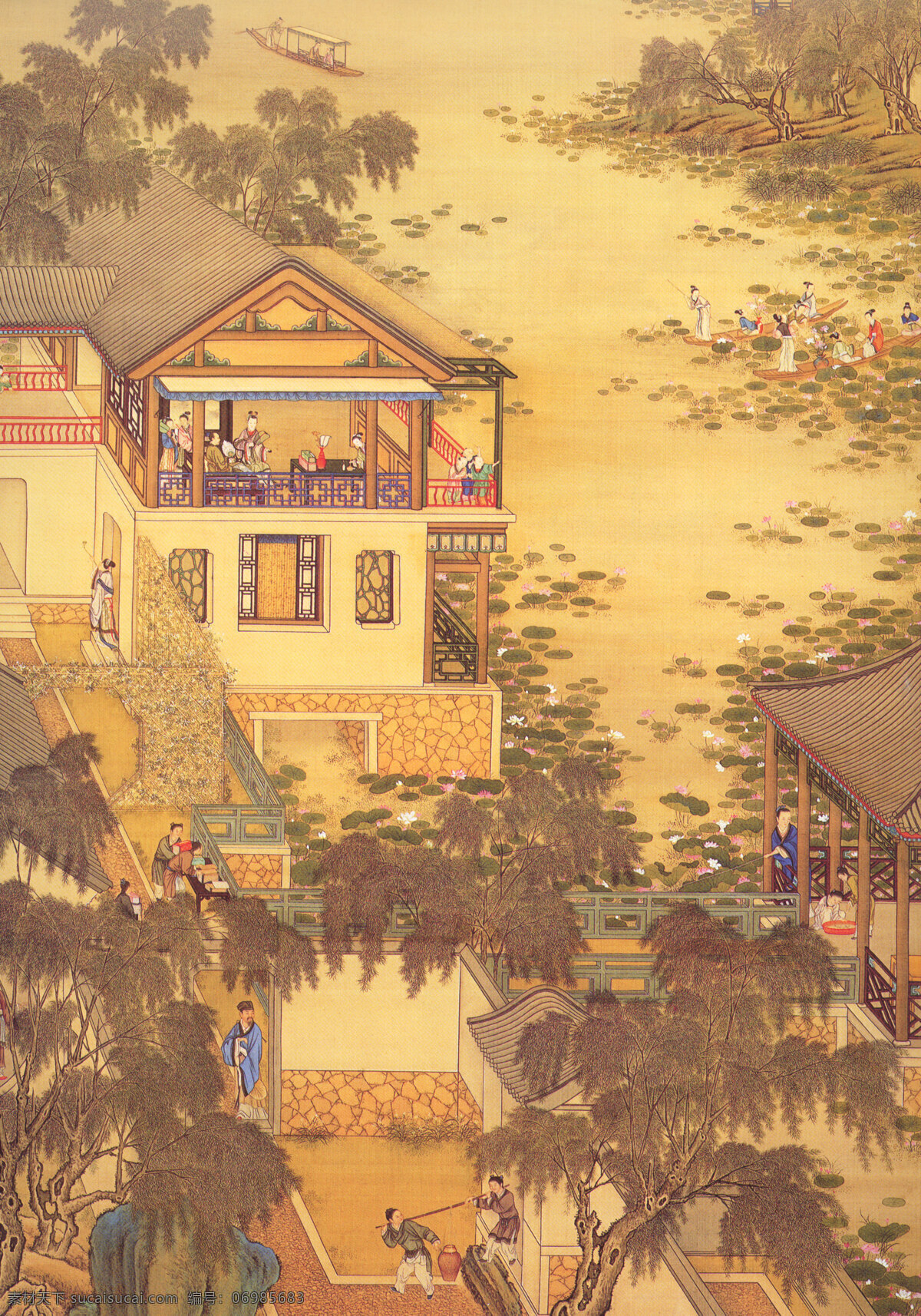 高清晰 度 古代 图 阁楼 树 河 古人 荷花 文化艺术 绘画书法 设计图库