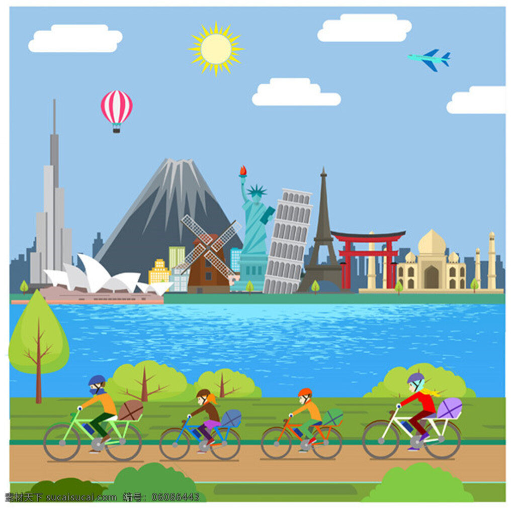 城市 风景 骑 行 人物 教育 卡通 绿色 苹果 创意 线描 手绘 书本 花朵 建筑 学校 幼儿园 云朵 背景 图案