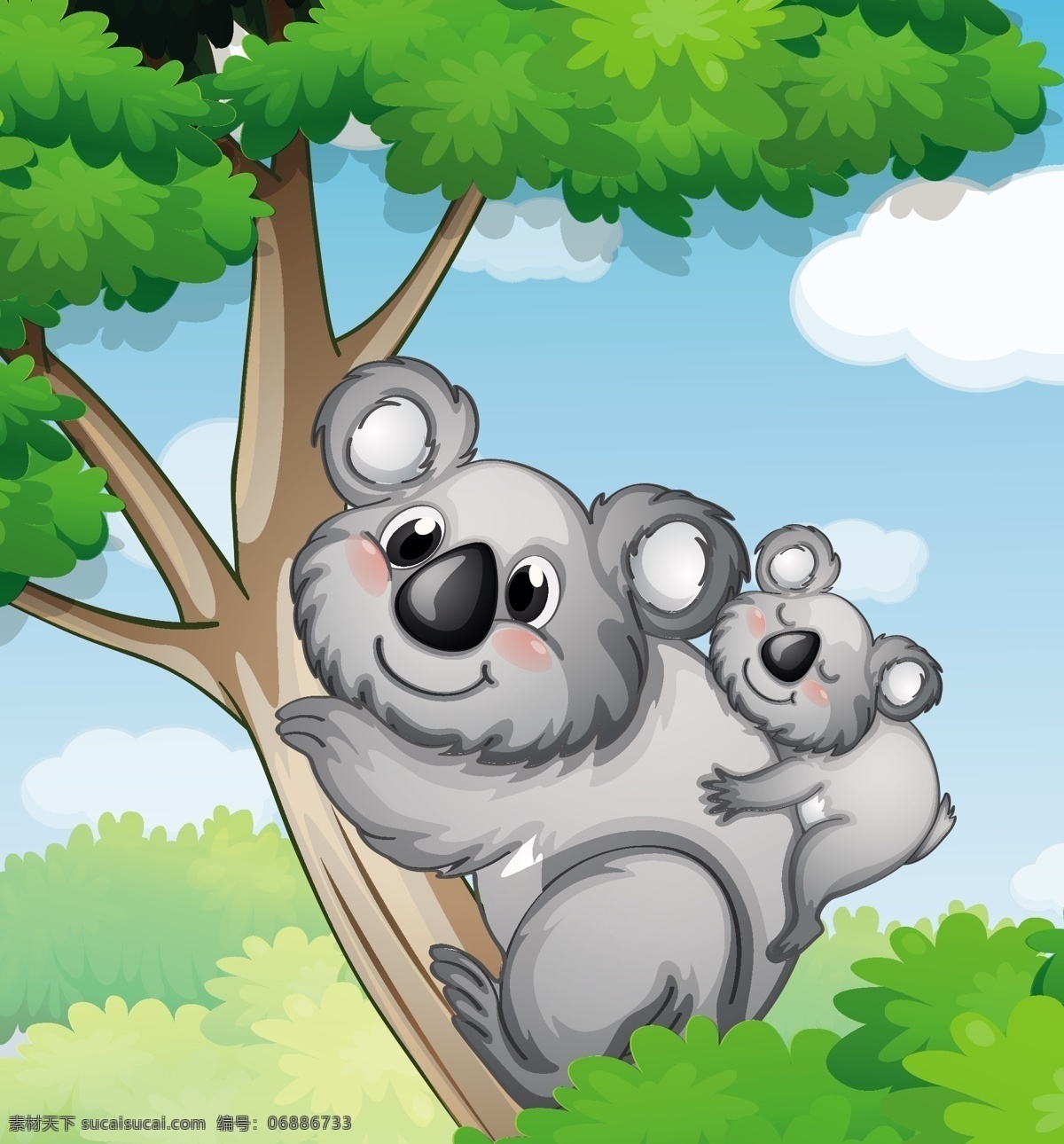 卡通 母子 考拉 熊 插画 矢量 大树 动物 母亲