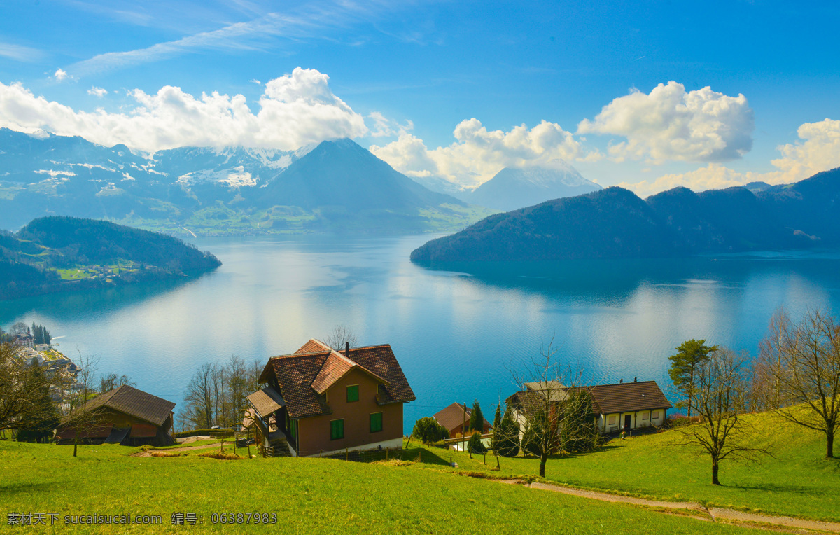 瑞士风光 湖水 山峦 小房 树木 草地 蓝天白云 欧洲六国游 旅游摄影 国外旅游