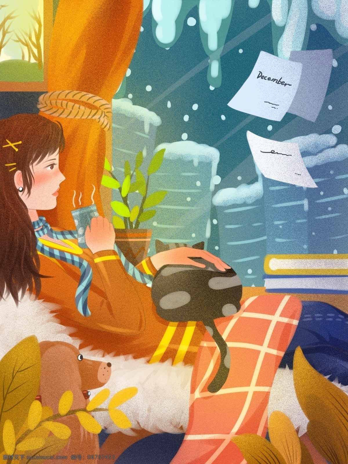 二十四节气 冬至 都市 雪夜 宅 在家 中 女子 下雪 楼房 猫 植物 高层 毛毯 温暖室内 狗 肌理写实 喝咖啡
