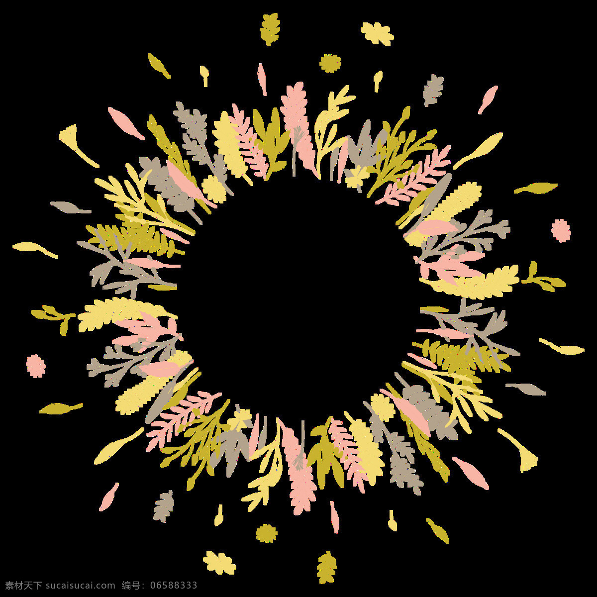 粉色树枝 花环 柳条 绿叶 手绘 圆形 装饰元素 浅色 温暖 装饰 图案