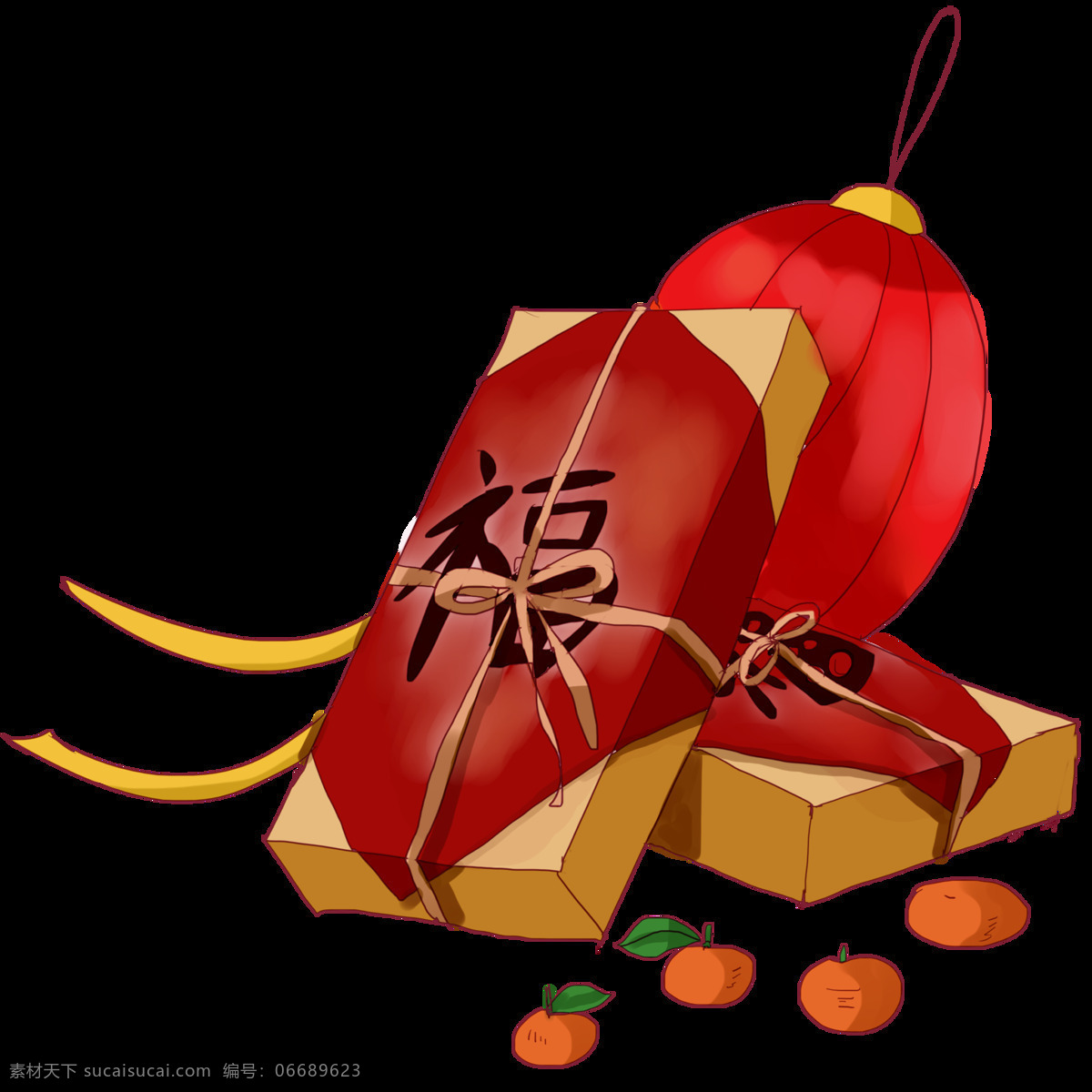 年货 礼盒 手绘 插画 红色的灯笼 绿色的叶子 新鲜的水果 黄色的蝴蝶结 红色的福字 红色的橘子 黄色的绳子