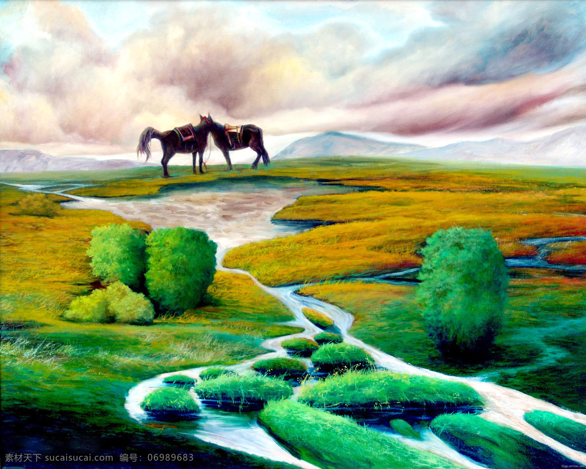 情 系 阿木 科 草地 草原 风景 国画艺术 花草 美术 树木 溪流 油画 马匹 插画集