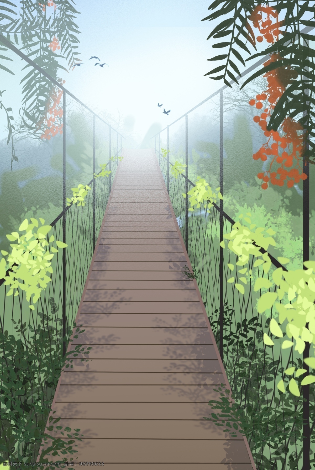 绿色植物 小清 新手 绘 风景 图 木栈道 春游 飞鸟 绿色氧吧 文艺 小清新 手绘风景