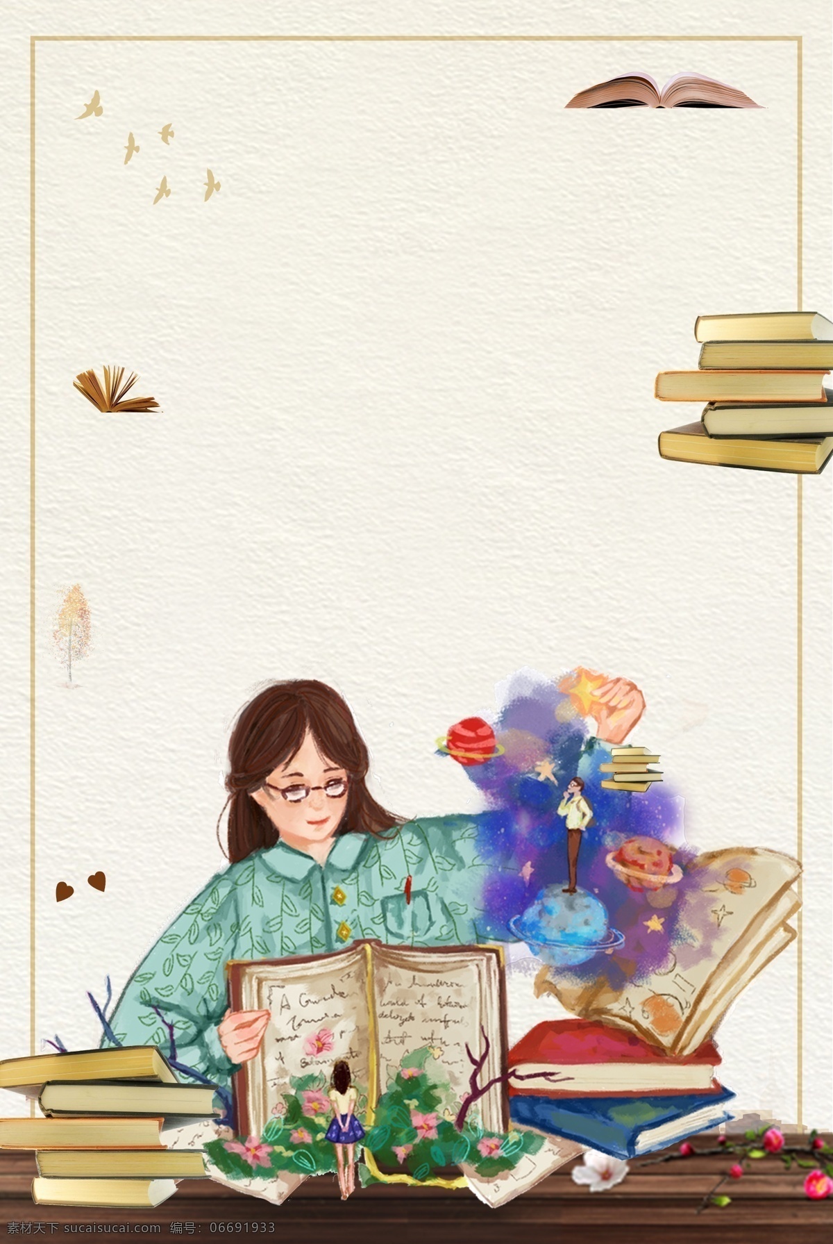 教师节 质感 底纹 海报 花朵 书籍 爱心 学习用品 文艺 清新 老师