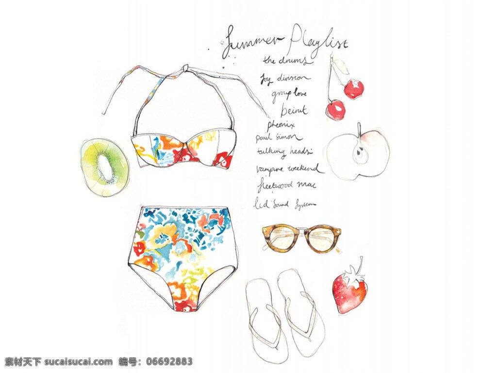 简约 沙滩 手绘 服装 jpg格式 服装设计 沙滩拖鞋 手绘服装 水彩服饰 太阳眼镜 性感泳衣