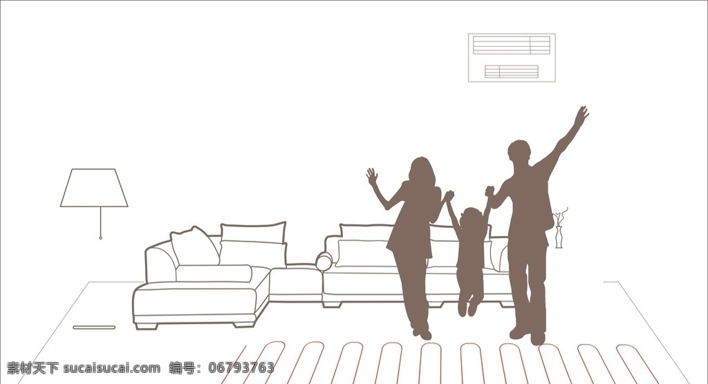 家庭插画 一家三口 沙发 台灯 空调 地板 扁平化 地毯 效果图