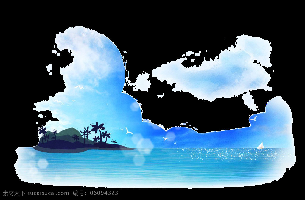 卡通 蓝天 白云 小岛 元素 海洋 png元素 透明素材 免抠元素