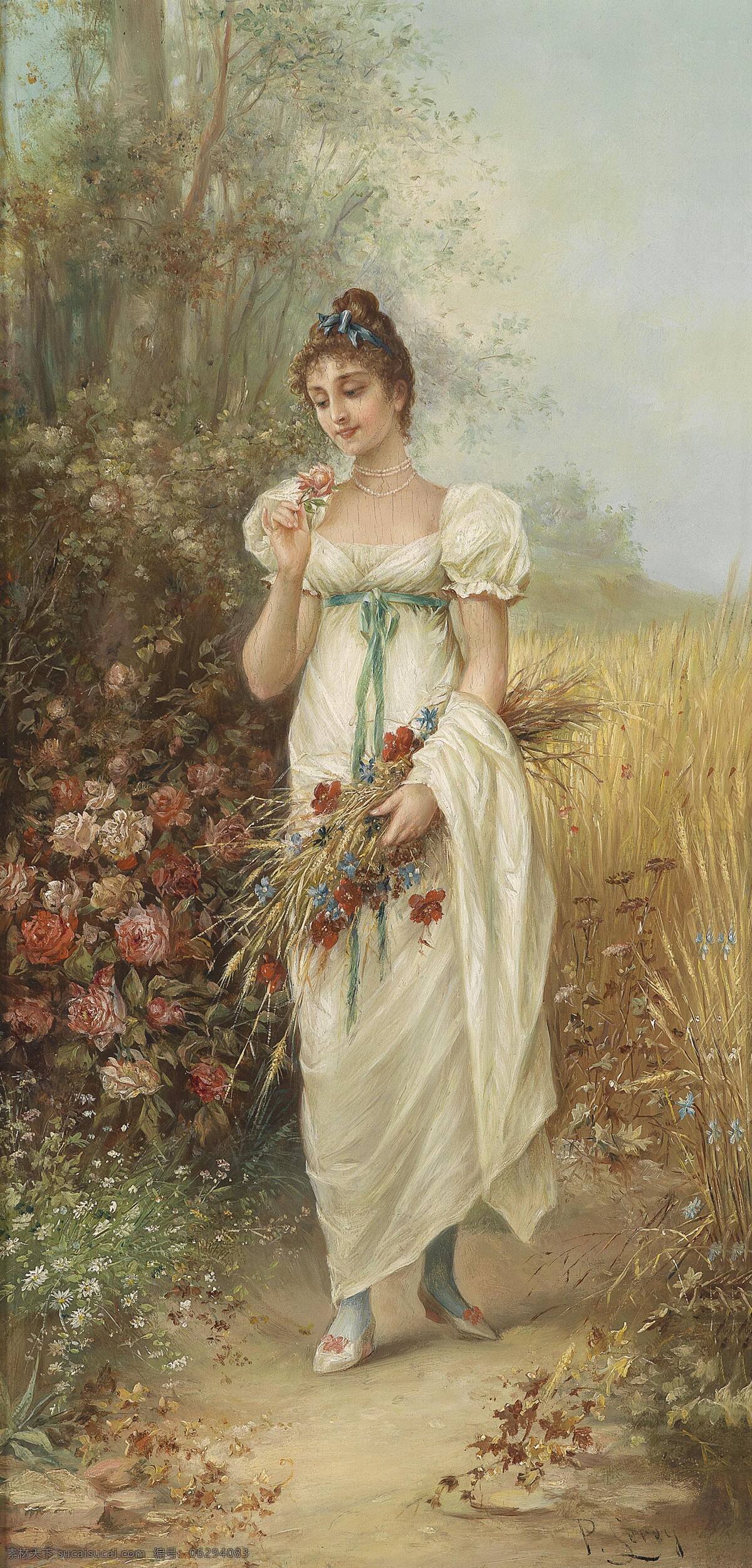 手持 草甸 花 玫瑰 花圈 女孩
