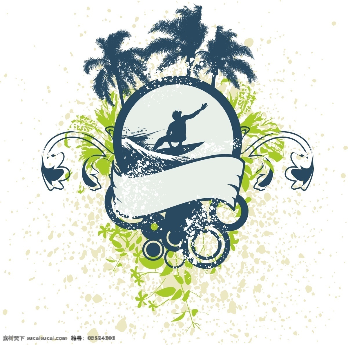 款 潮流 冲浪 运动 矢量 体育运动 椰子树 海浪 复古 圆形 墨迹 墨点 矢量图 白色