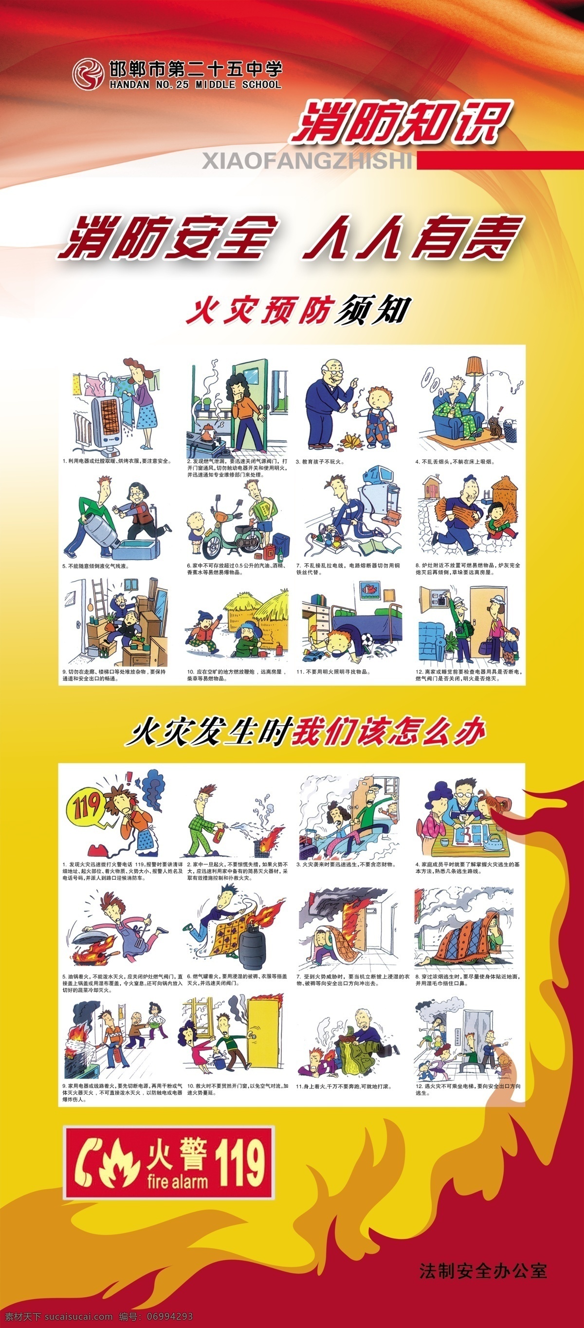 学校展板 学校宣传展板 消防安全宣传 消防安全展板 消防知识 消防安全 人人有责 火灾预防须知 火灾发生时 我们该怎么办 火警119 火焰背景 火苗 桔黄色背景 邯郸市 中学 法制安全办 展板模板