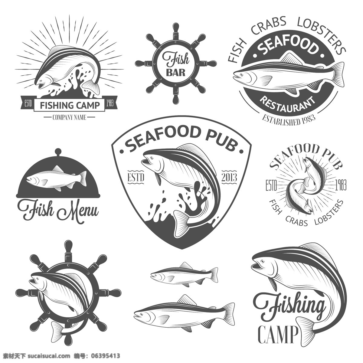 海鲜图标 海鲜 餐饮 手绘 菜单 鱼 海虾 船舵 餐饮图标 标识 餐饮美食 矢量 标志图标 网页小图标 白色