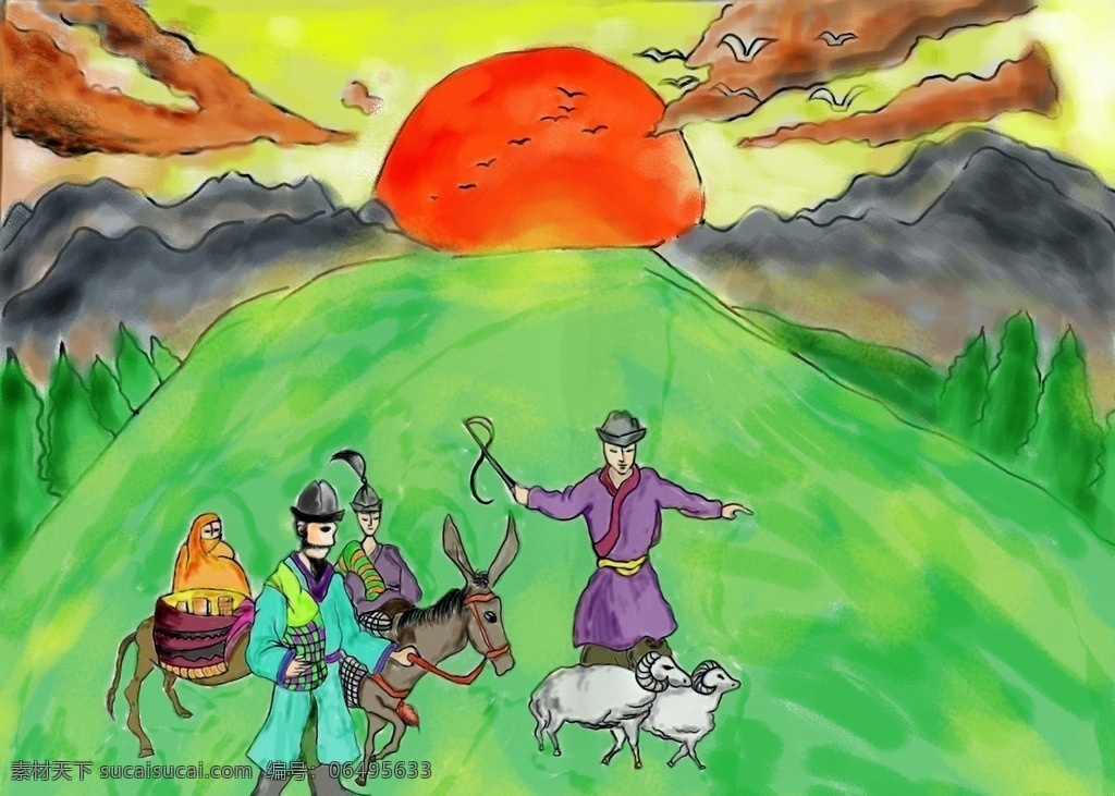 落日 下 新疆 人民 民族 黄绿 绵羊 毛驴 哈萨克族 文化艺术 绘画书法