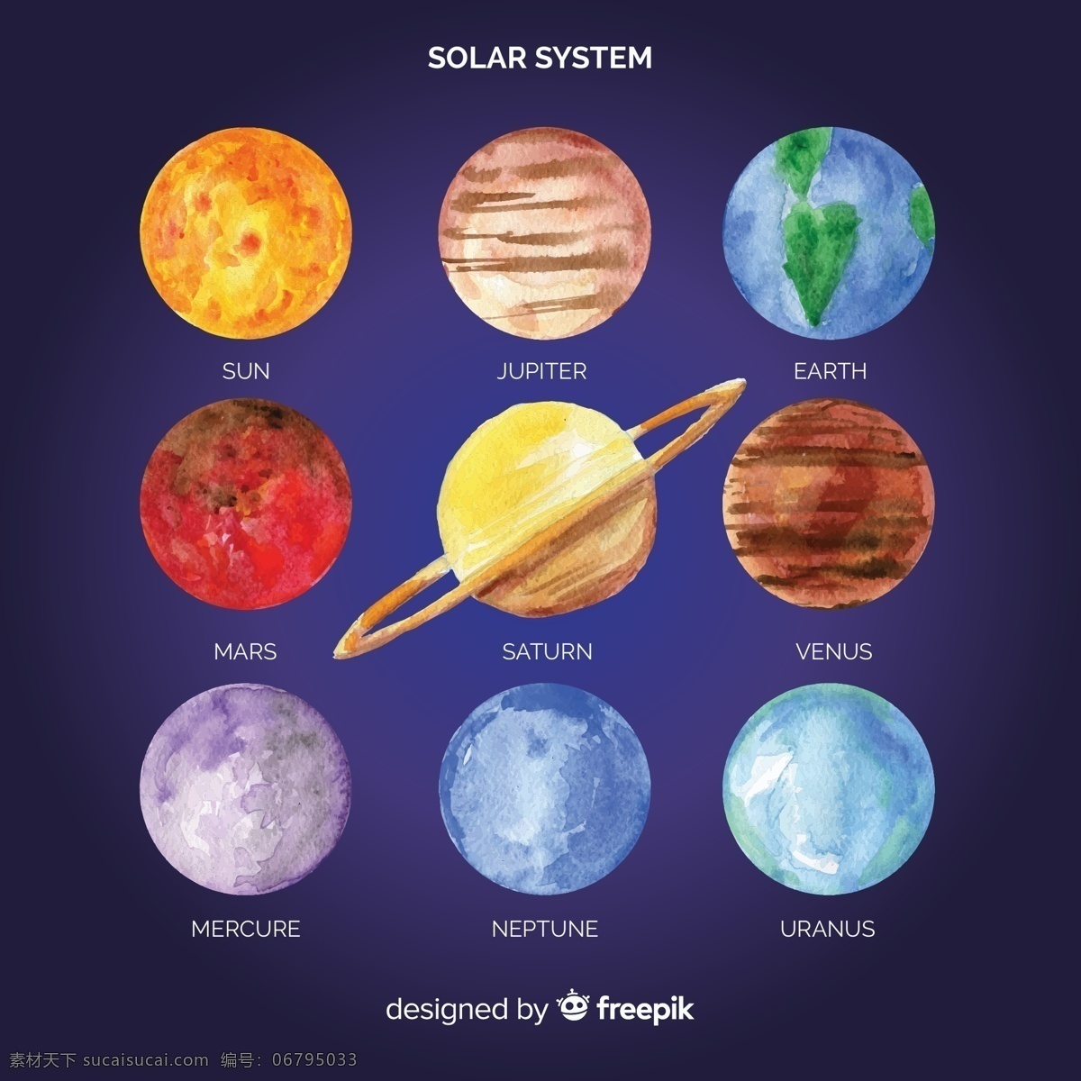 水彩 绘 太阳系 行星 太空 宇宙 水星 金星 地球 火星 木星 土星 天王星 海王星 文化艺术 绘画书法