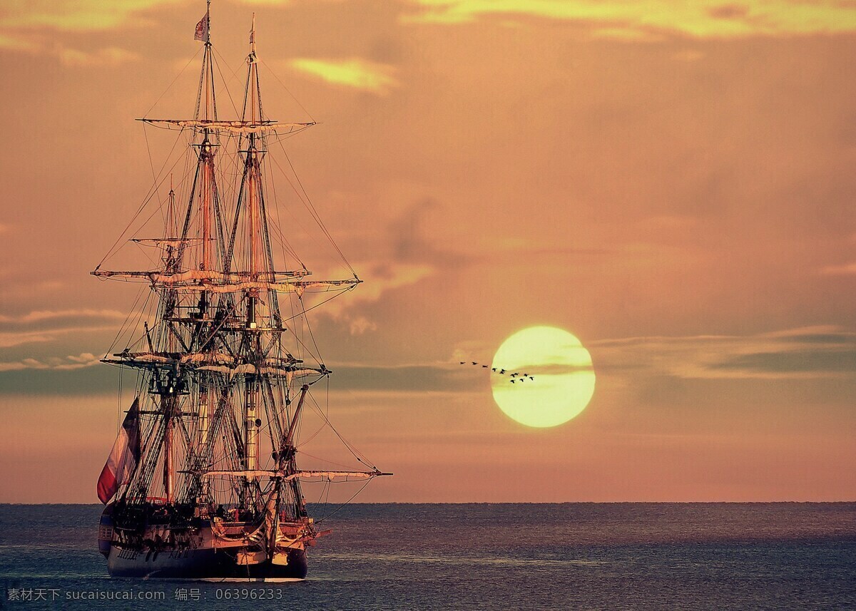 夕阳 海洋 大海 复古船 木船 法国 帆船 木质帆船 太阳 火烧云 黄昏 自然景观 自然风景