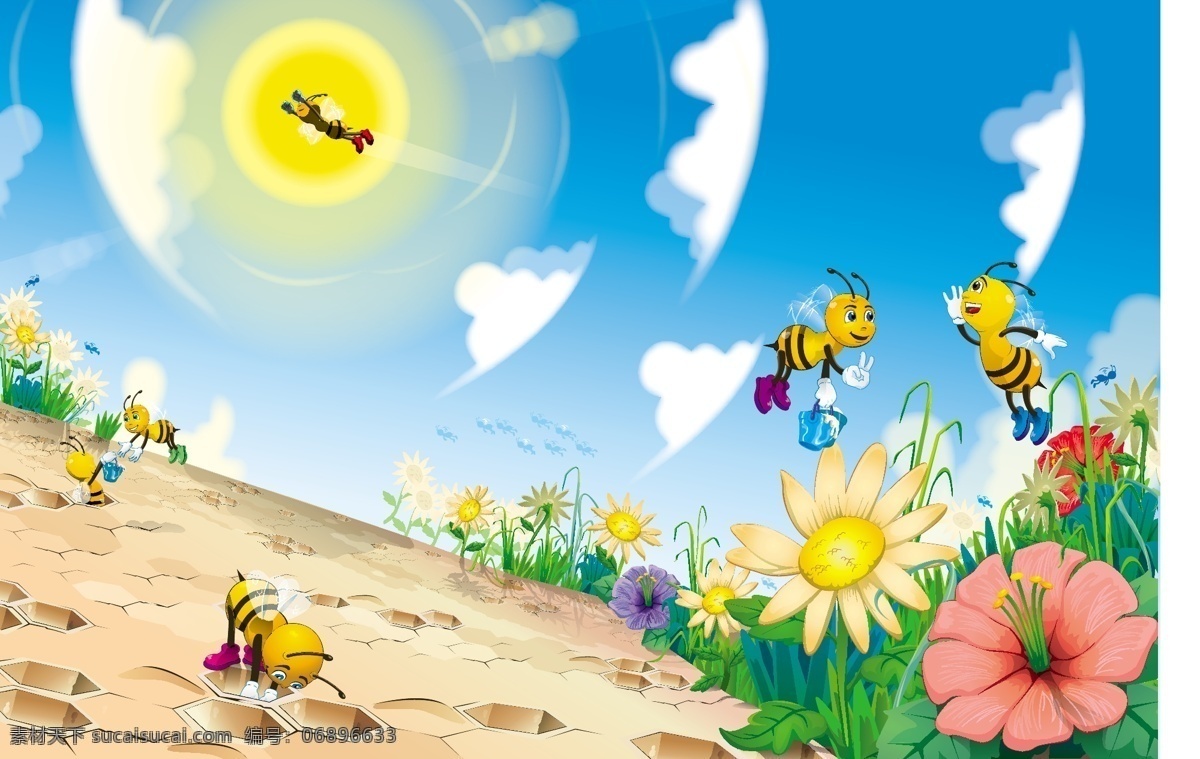 可爱 的卡 通 蜜蜂 矢量 卡通 太阳花 云 采集花蜜 矢量图 矢量人物