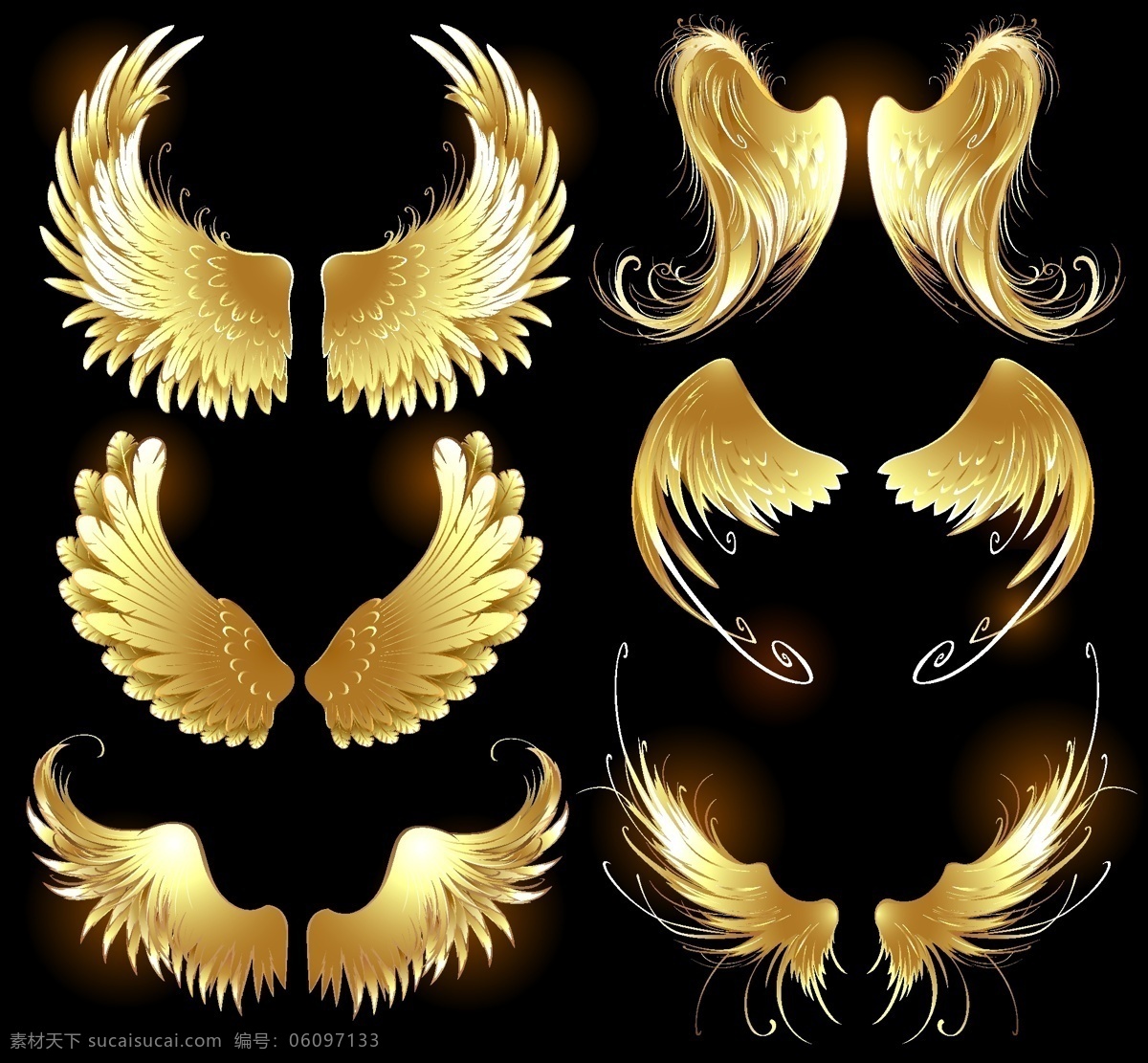 金黄色翅膀 羽毛 天使翅膀 翅膀设计 翅膀素材 鸟类翅膀 纹身图案 手绘 矢量 黑色
