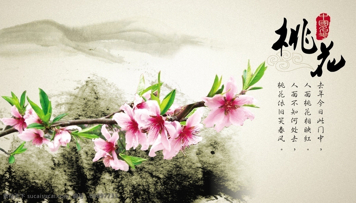 中国 名花 桃花 中国名花 鲜花 花朵 水墨 花纹 中国风 意境 东方风韵 墨迹 春暖花开 古典风格 古典诗词 古典 三月花 三月 三月桃花 桃花岛 桃花运 广告设计模板 源文件