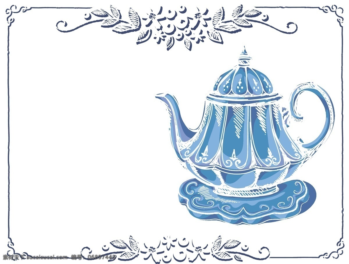 手绘 下午 茶 插画 矢量 背景 蓝色 花朵 装饰 下午茶 菜单 矢量背景 幸福 浪漫 梦幻