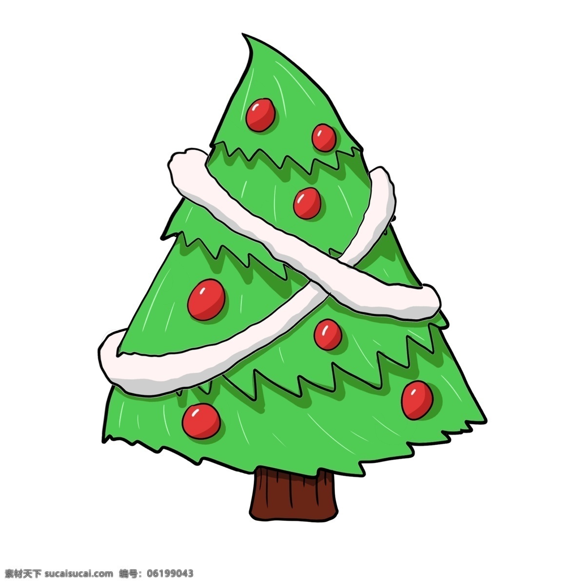 手绘 圣诞节 圣诞树 插画 圣诞节圣诞树 白色的丝带 圣诞树装饰 手绘圣诞树 绿色的圣诞树 红色的圣诞球