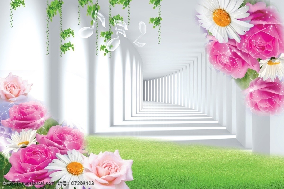3d 高清 玫瑰花 清新 电视 背景 墙 电视背景墙 壁纸 壁画 整体壁画 草地 树叶 柱子 立体通道 背景墙 沙发背景墙 床头背景墙