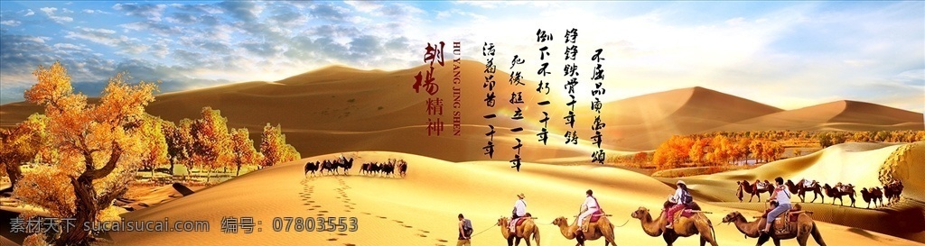 胡杨精神 胡杨林 不朽 不屈 品质 沙漠 驼队 商队 旅行 旅游 蓝天白云 日光 光晕 骆驼 树林 脚印 驿路 一带一路 经济带 沙丘 创意风格 分层 风景
