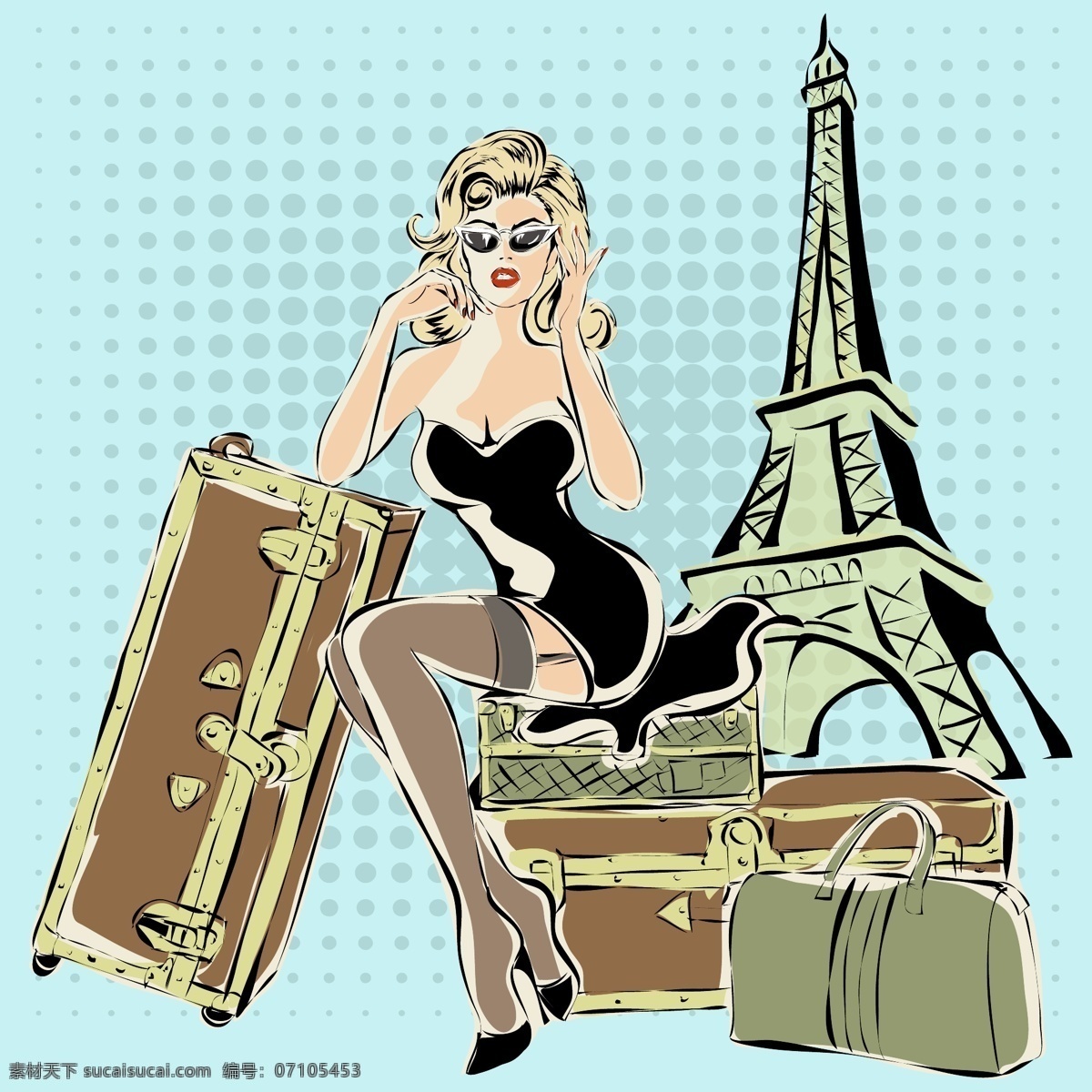卡通 时尚 手绘 旅行 中 女人 插画 建筑 铁塔 旅行箱