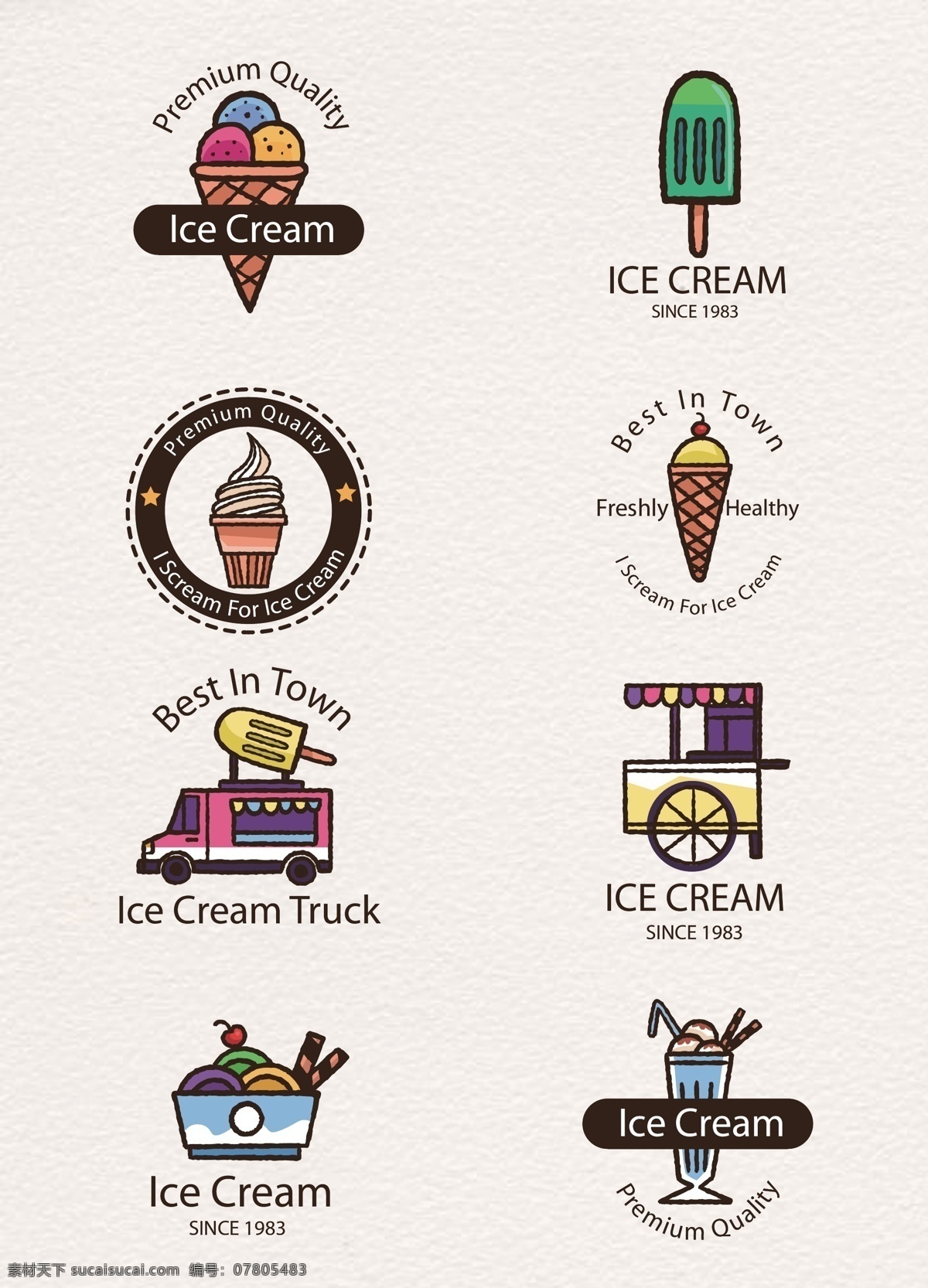 精致 冰淇淋 标志 矢量 夏季 矢量图 标签 冰棍 雪糕 冰淇淋车 卡通 手绘