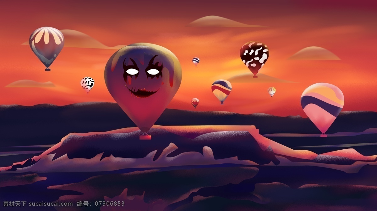 十月 你好 星空 火烧云 插画 热气球 天空 阳光 浪漫 壁纸 十月你好 深秋 暖色调 地平线 手机用图 公众号用图 海报首页 写实 复古插画 肌理 日签 月签