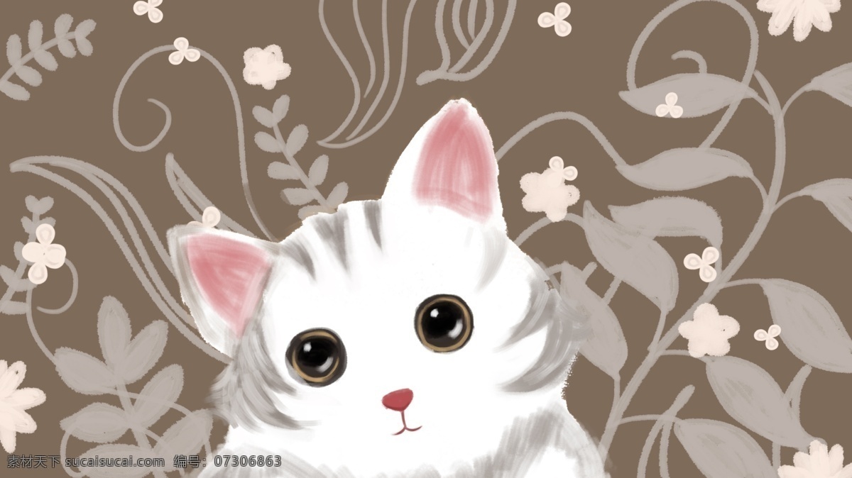 萌宠猫猫 猫 花草 清新 插画 壁纸 宠物 萌宠 白猫 治愈 绘画 桌面