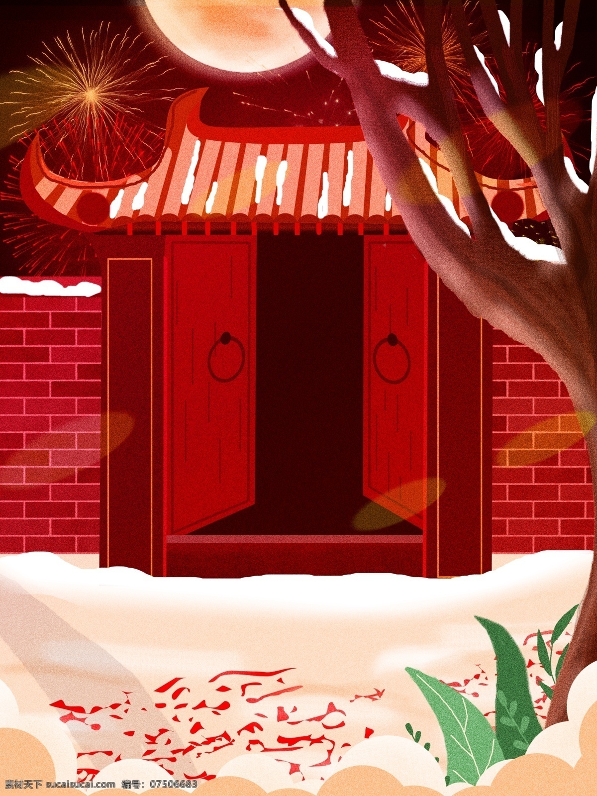 卡通 手绘 红色 元宵 佳节 回家 插画 背景 卡通背景 手绘背景 红色背景 插画背景 大树 元宵背景 回家背景