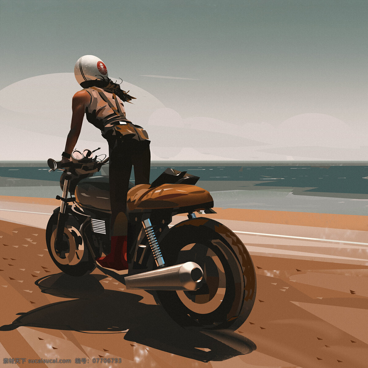 海边的摩托车 海边 摩托车 少女 大海 沙滩 设计素材 动漫动画 动漫人物