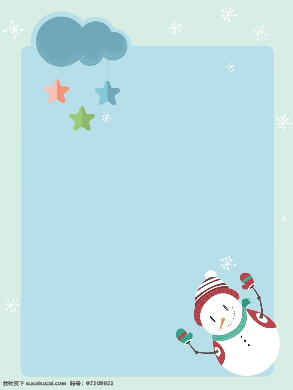 圣诞 雪人 简约 便签 背景 圣诞节 白云 星星 边框 蓝色背景 雪花 蓝色边框